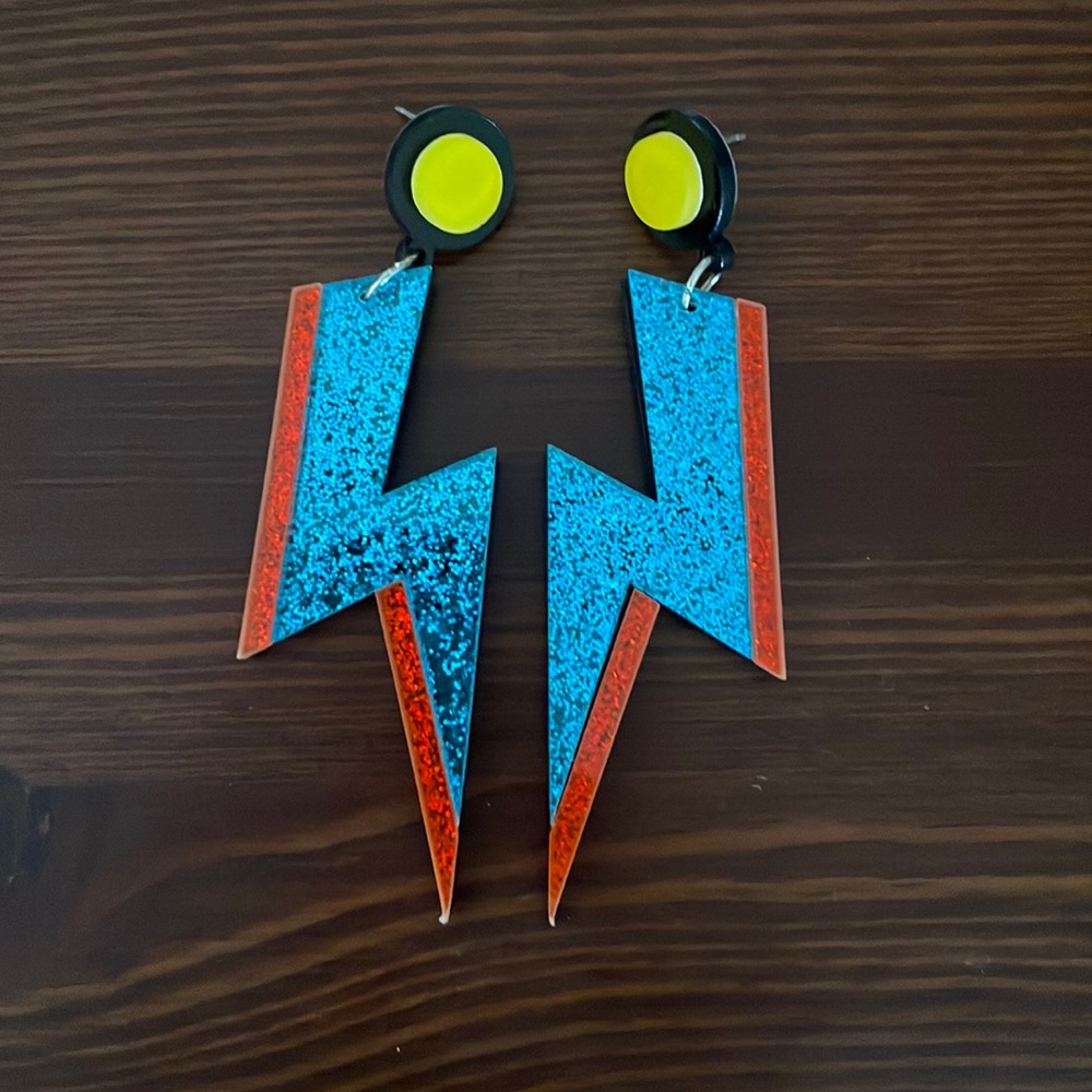 LIGHTNING BLUE RED BOLT EARRINGS Awesome Unique Pierced Oversize  Bolts Gift